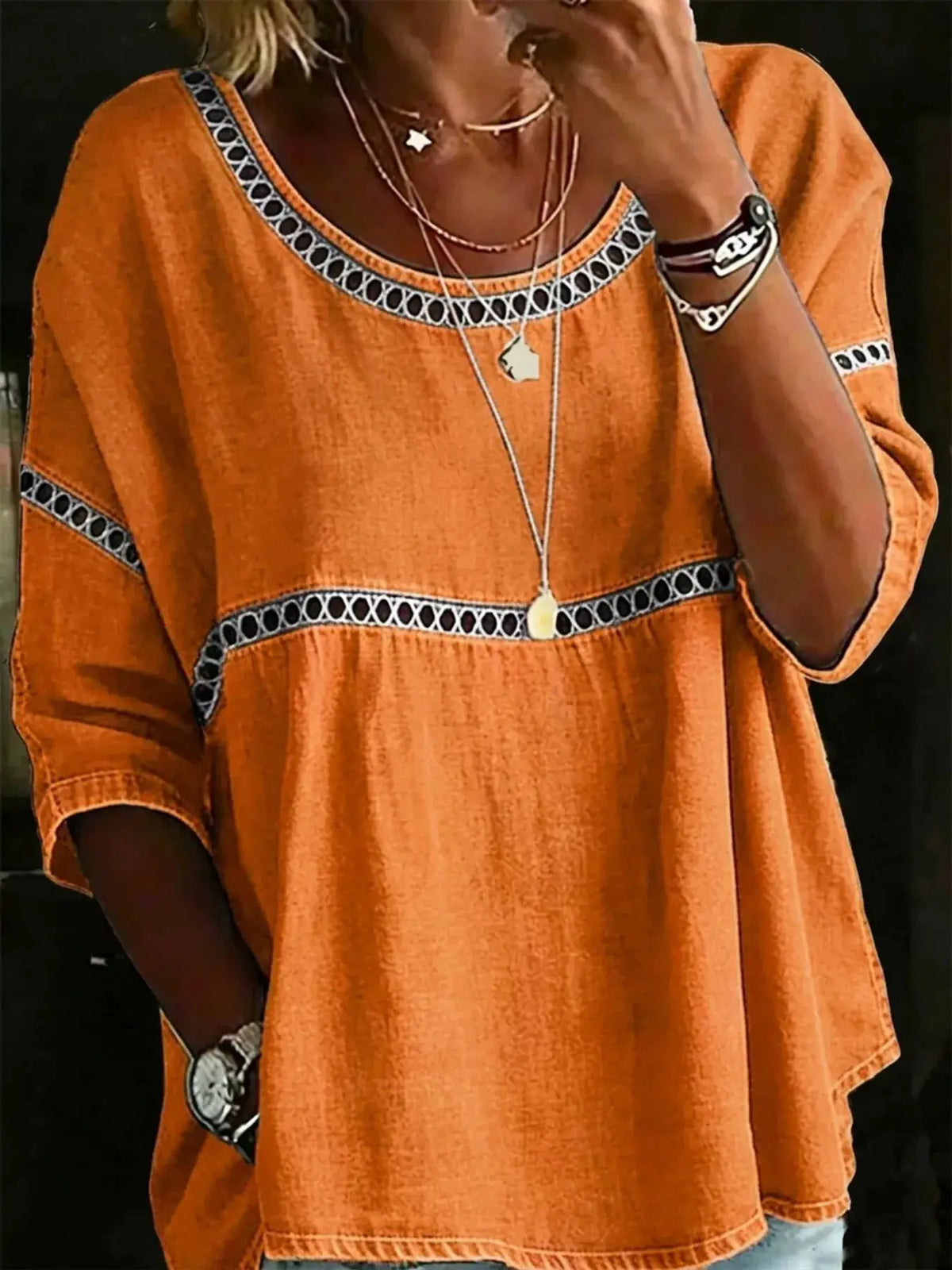 Trendsi plus-size orange hollow-out round-neck top with black/white geometric trim
