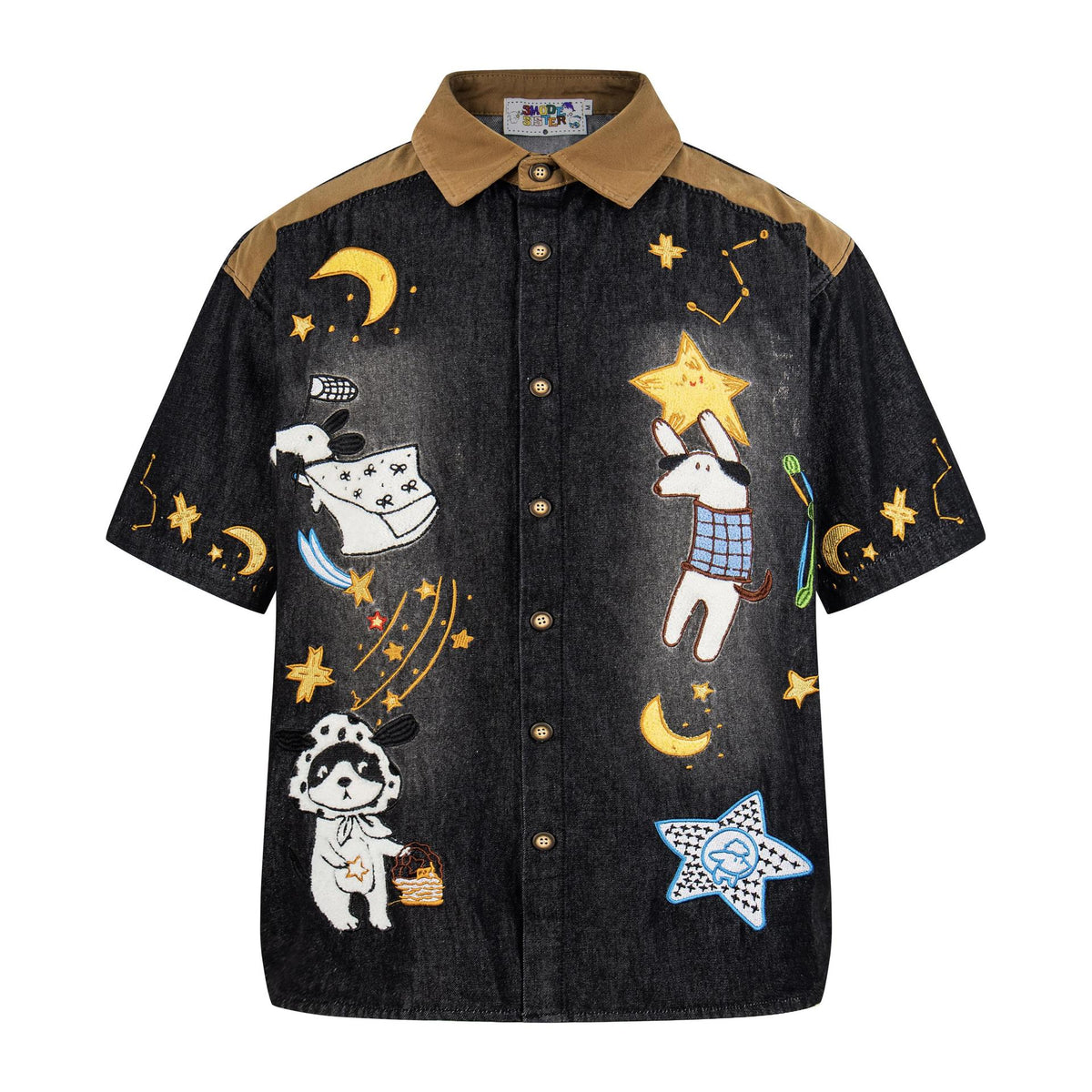 Dog embroidered denim short-sleeved shirt with tan collar and space-themed animal patches