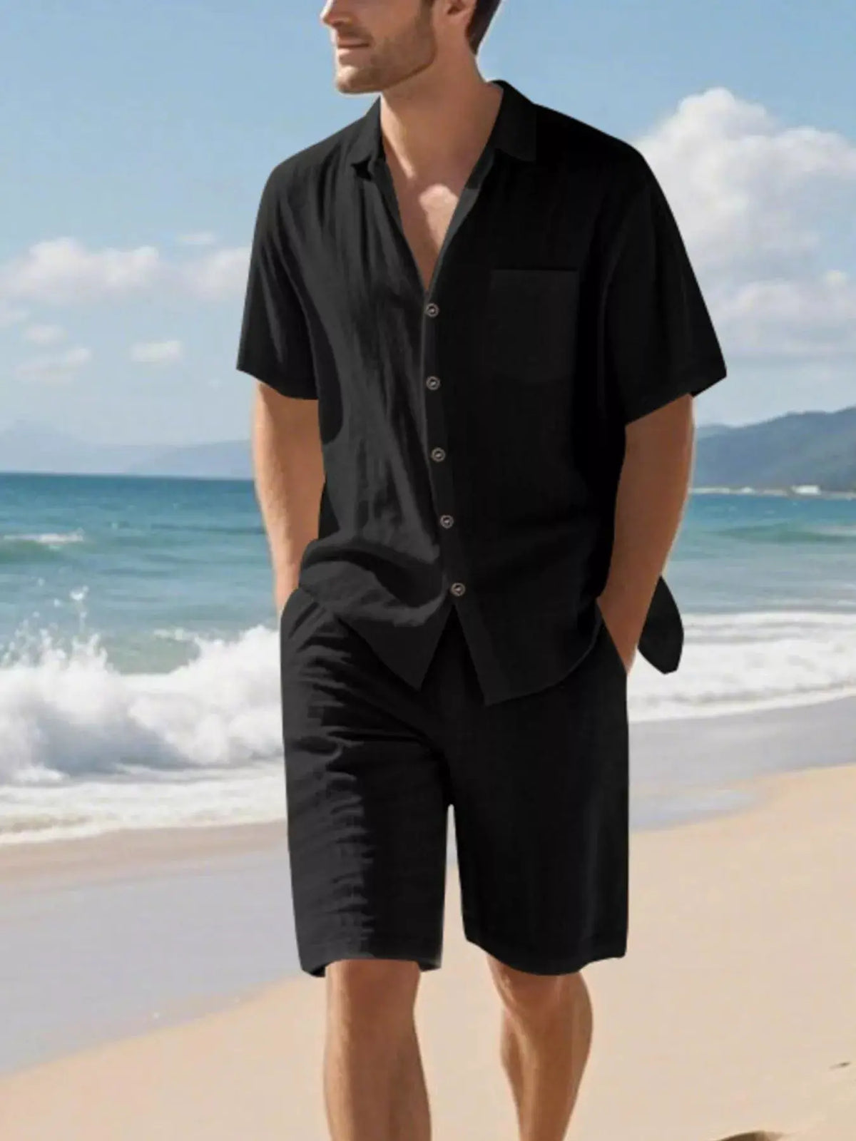 Mens plus-size black short-sleeve button-up shirt and matching shorts two-piece set by Trendsi