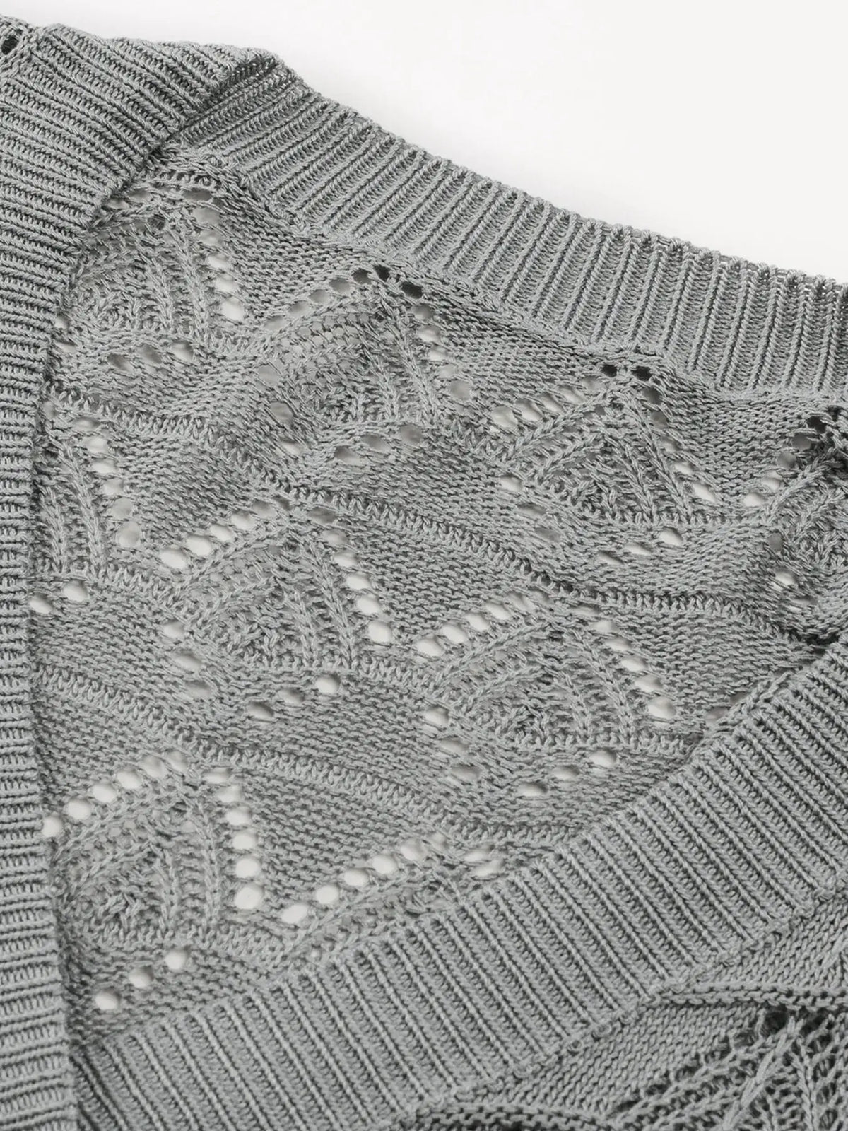 Button front openwork cardigan in gray knit with textured stretch detail