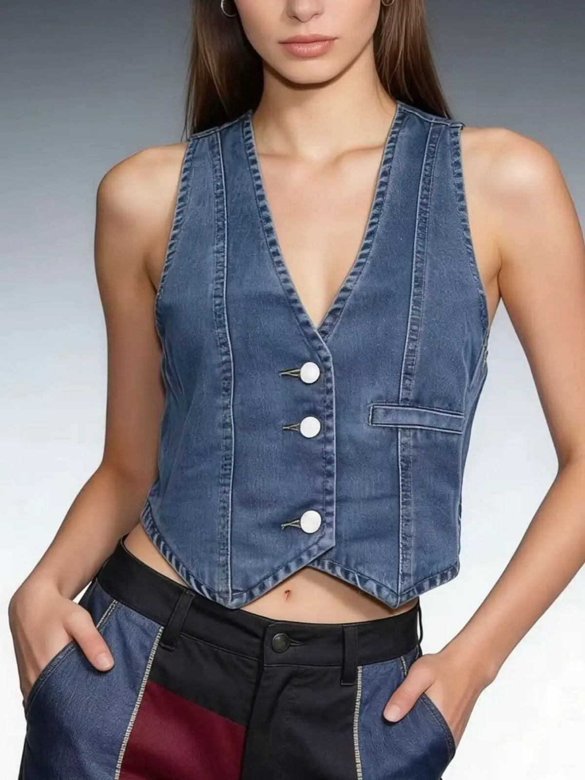 Unlined denim vest by Trendsi, button-down front in light wash blue