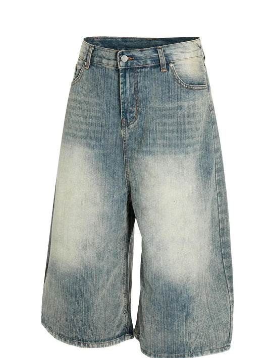 Men's washed wide-leg denim shorts with stretch and vintage detailing in blue denim