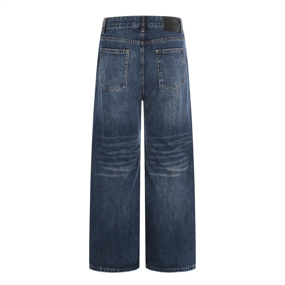 Washed blue denim straight-leg jeans by eprolo, back view with two pockets and belt loops.