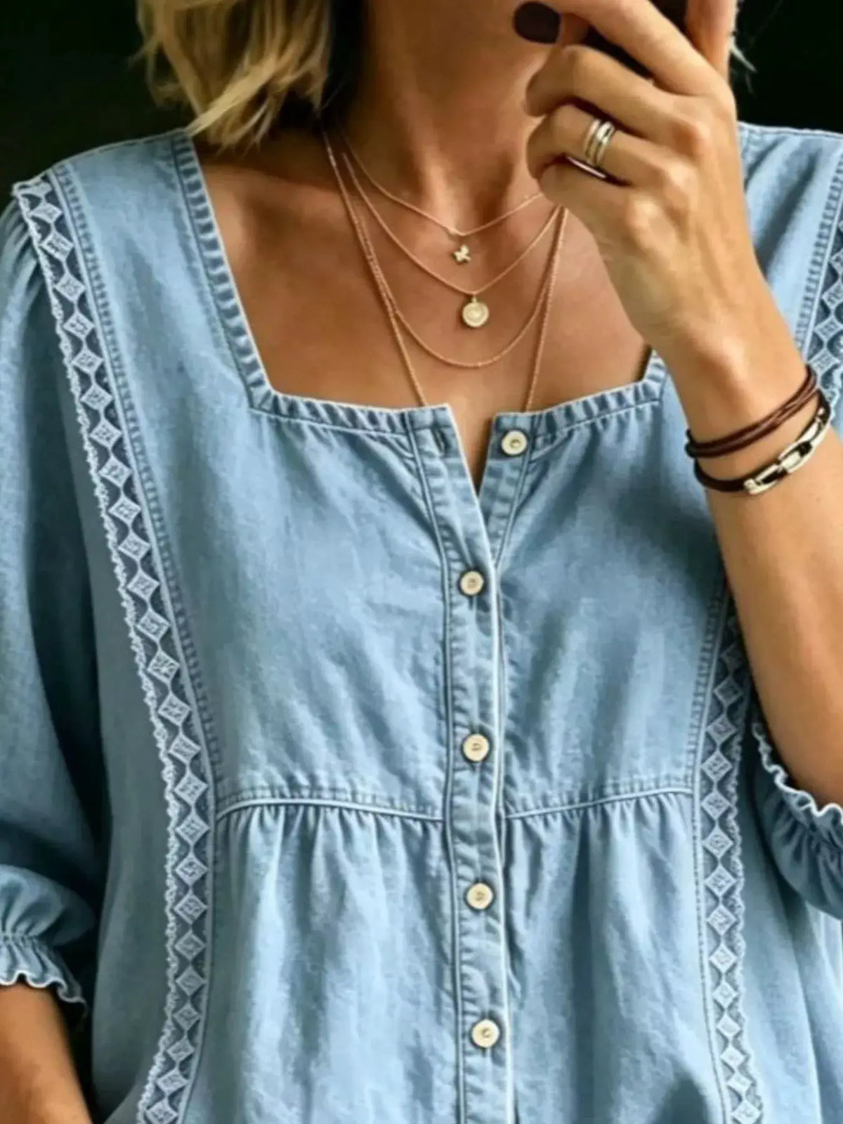 Plus Size Square-Neck Button-Down Denim Shirt in light blue denim with lace-trim panels and ruffled cuffs, Trendsi.