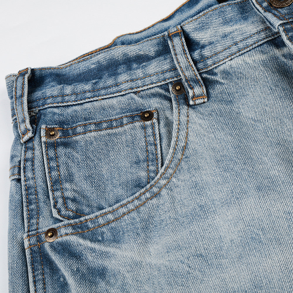 Grinding white gradient denim pants, blue washed jeans with copper rivets by eprolo