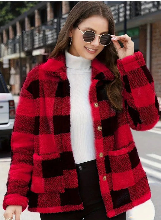 Veste en plaid color block pour femme, avec revers, poches et simple boutonnage, idéale pour le printemps et l'automne