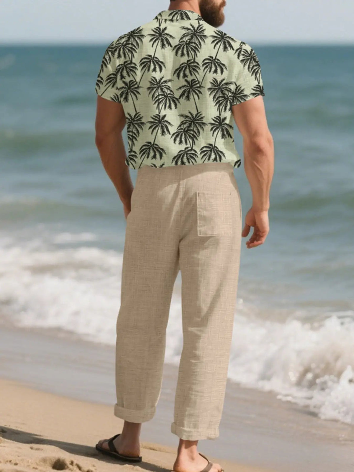 Men's plus-size tropical palm print short-sleeve shirt and beige linen pants set by Trendsi
