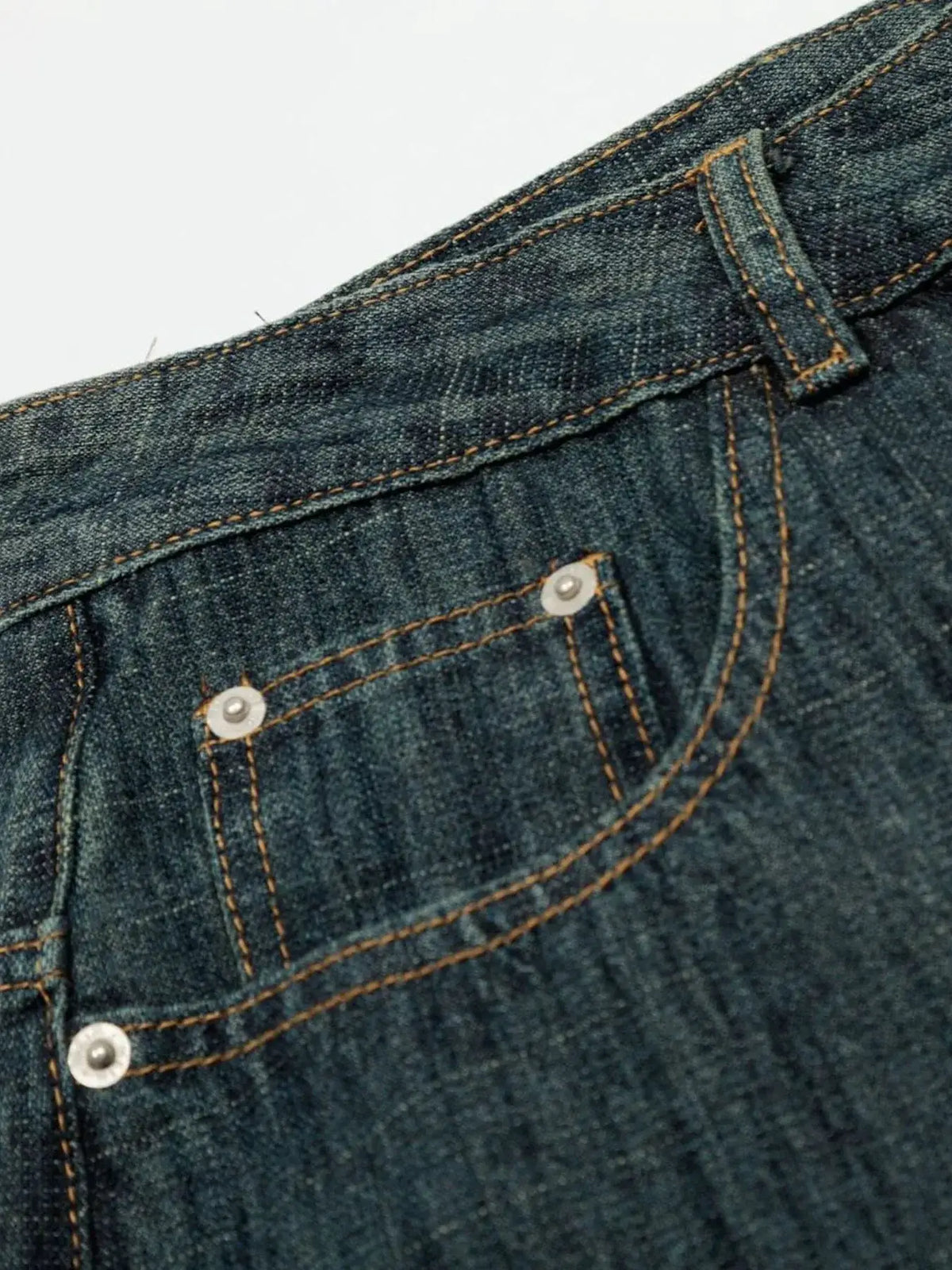 Mens Relaxed Fit Denim Shorts in blue indigo cotton blend with orange topstitching