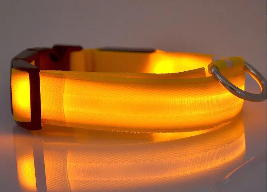 Nylon LED pet collar by AdTec, bright yellow glow with metal D-ring, adjustable