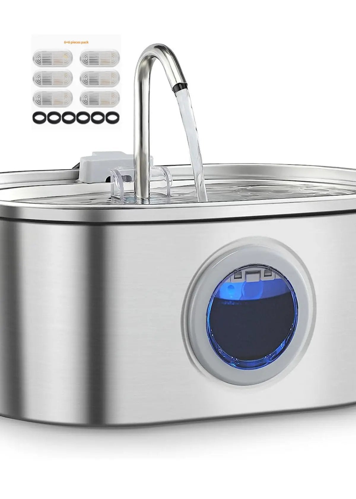 AdTec Water Feeder Stainless Steel Pet Water Dispenser with curved chrome spout and blue indicator dial