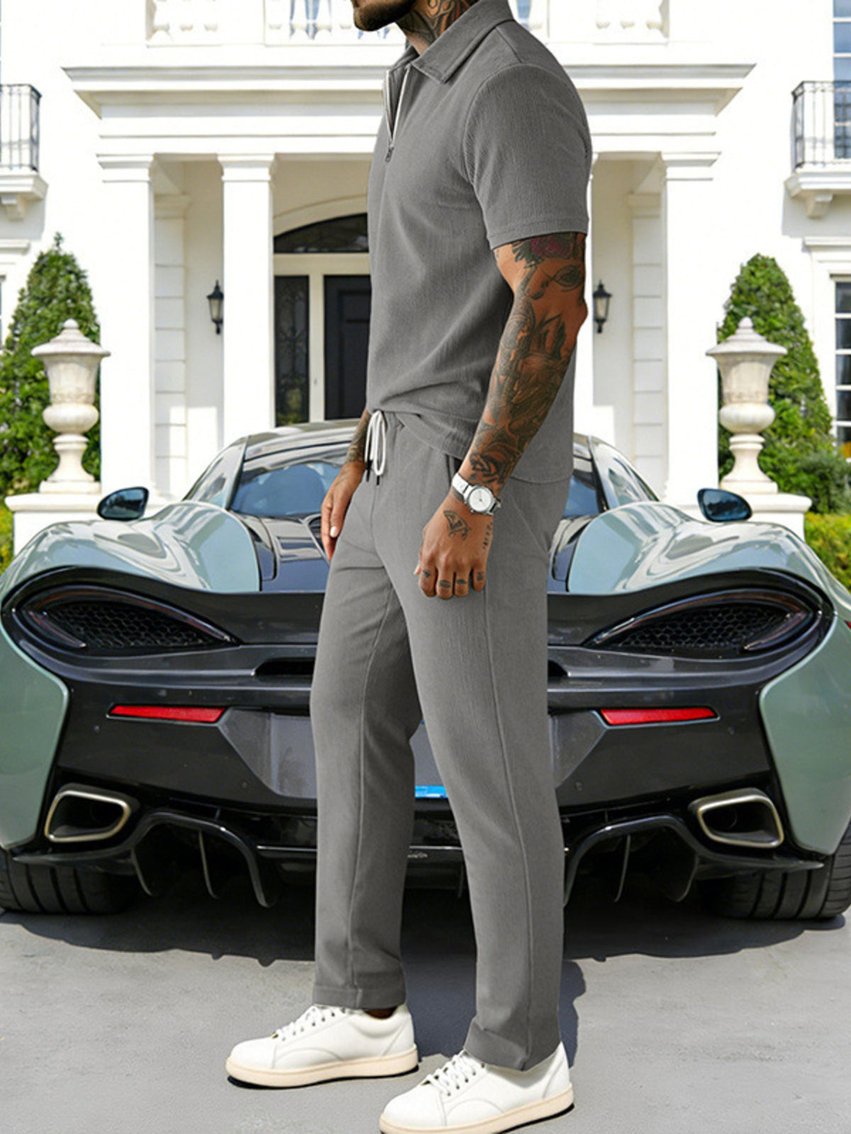Men's gray zipper polo shirt and drawstring pants set, plus size