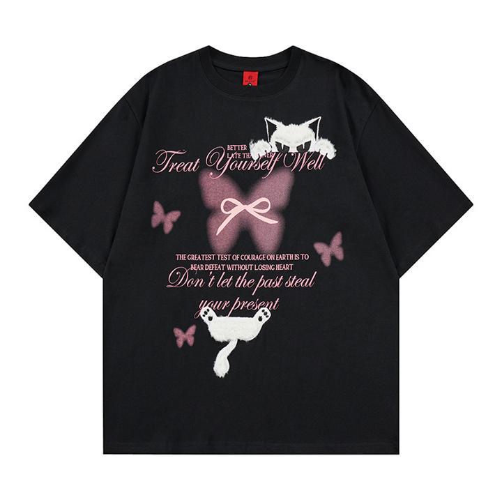 T-shirt à manches courtes brodé chat et papillon