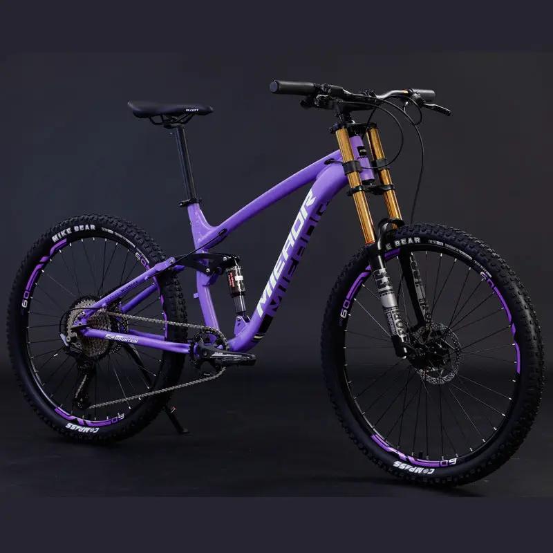 AdTec aluminum alloy mountain bike with purple frame, gold front suspension forks, disc brakes