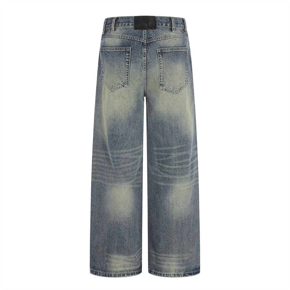 Washed denim straight-leg jeans by eprolo; blue denim with faded wash and back pockets.