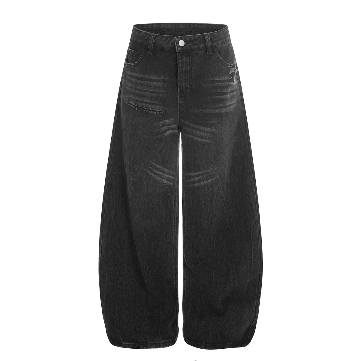 Distressed cat-whisker wide-leg jeans in black denim with whisker fades and loose silhouette