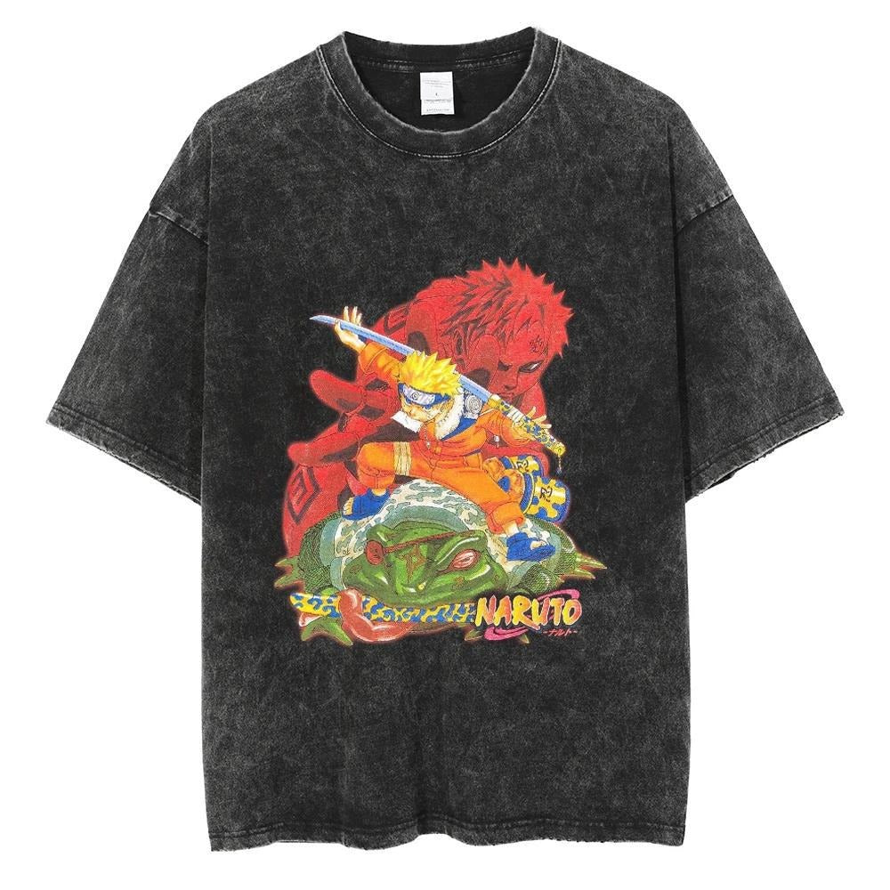 T-shirt motif anime Naruto Harajuku délavé