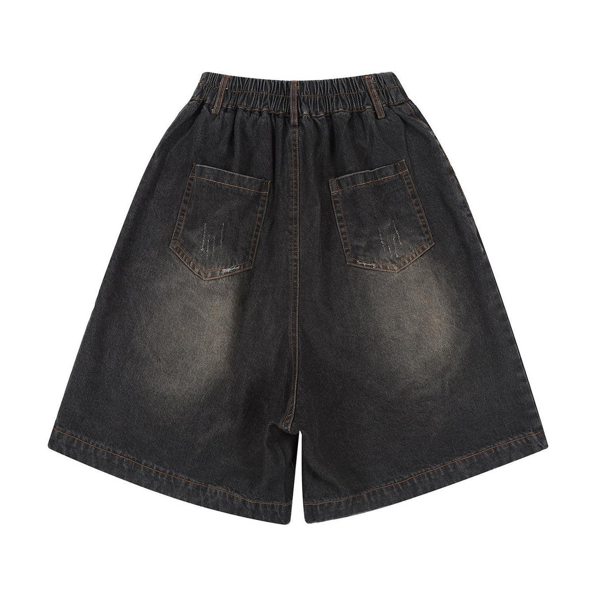 Wide leg short jeans by eprolo in dark wash denim with two back pockets.