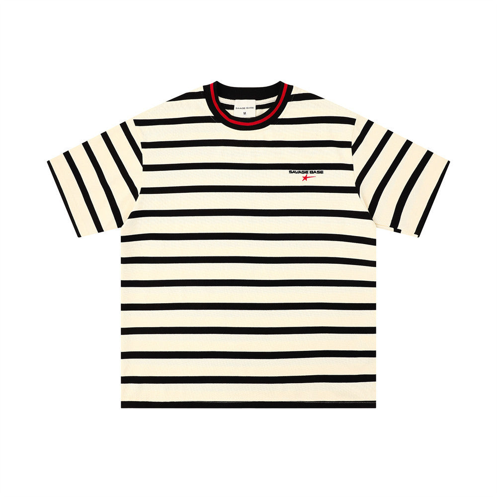 Striped cream short-sleeve T-shirt with black bands and a red-trimmed round neck.
