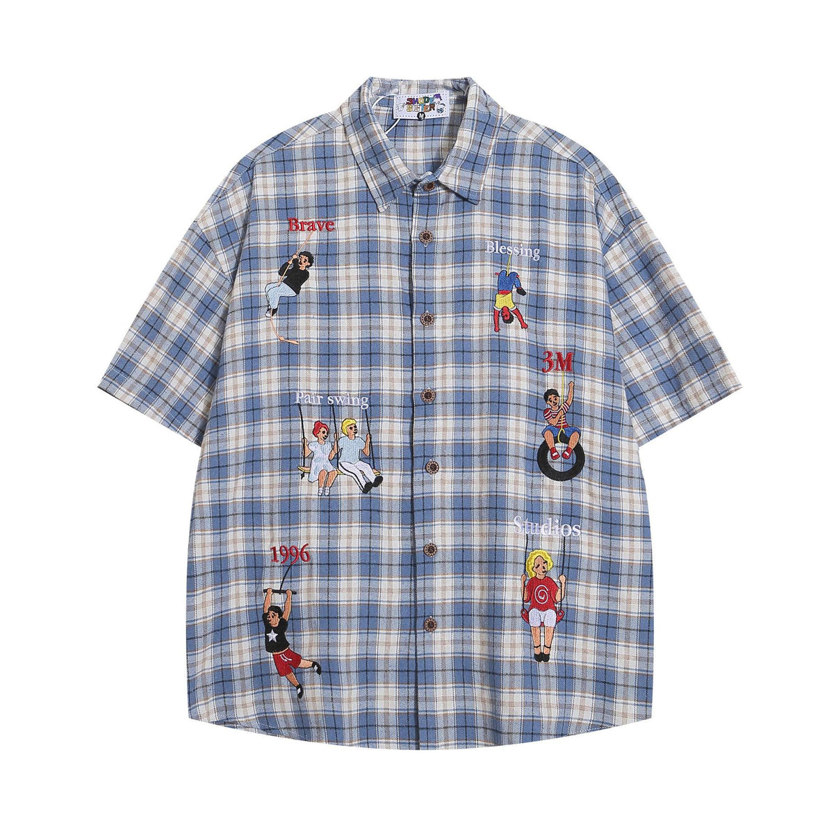 Embroidered short-sleeve shirt in blue plaid with cartoon patches, by eprolo