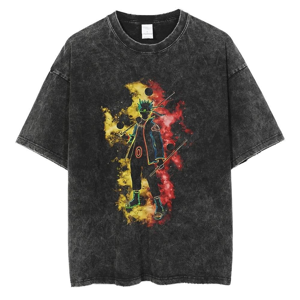 T-shirt motif anime Naruto Harajuku délavé