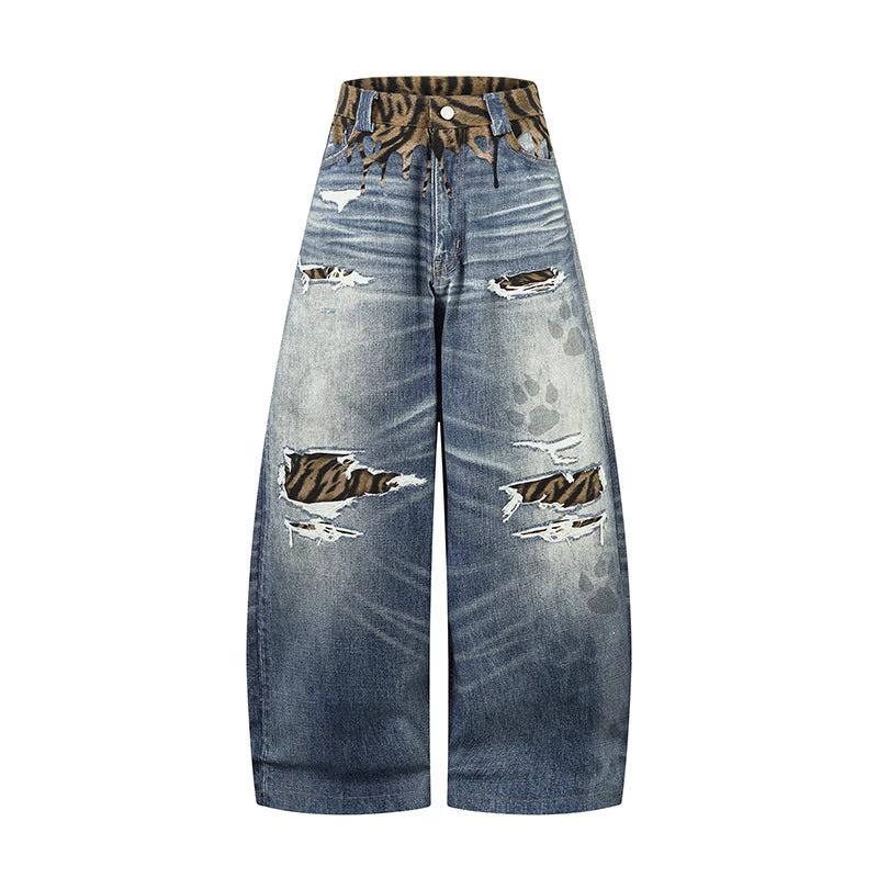 Unique Design Scratched Ripped Pleated Casual Loose Wide Leg Dagger Jeans by eprolo