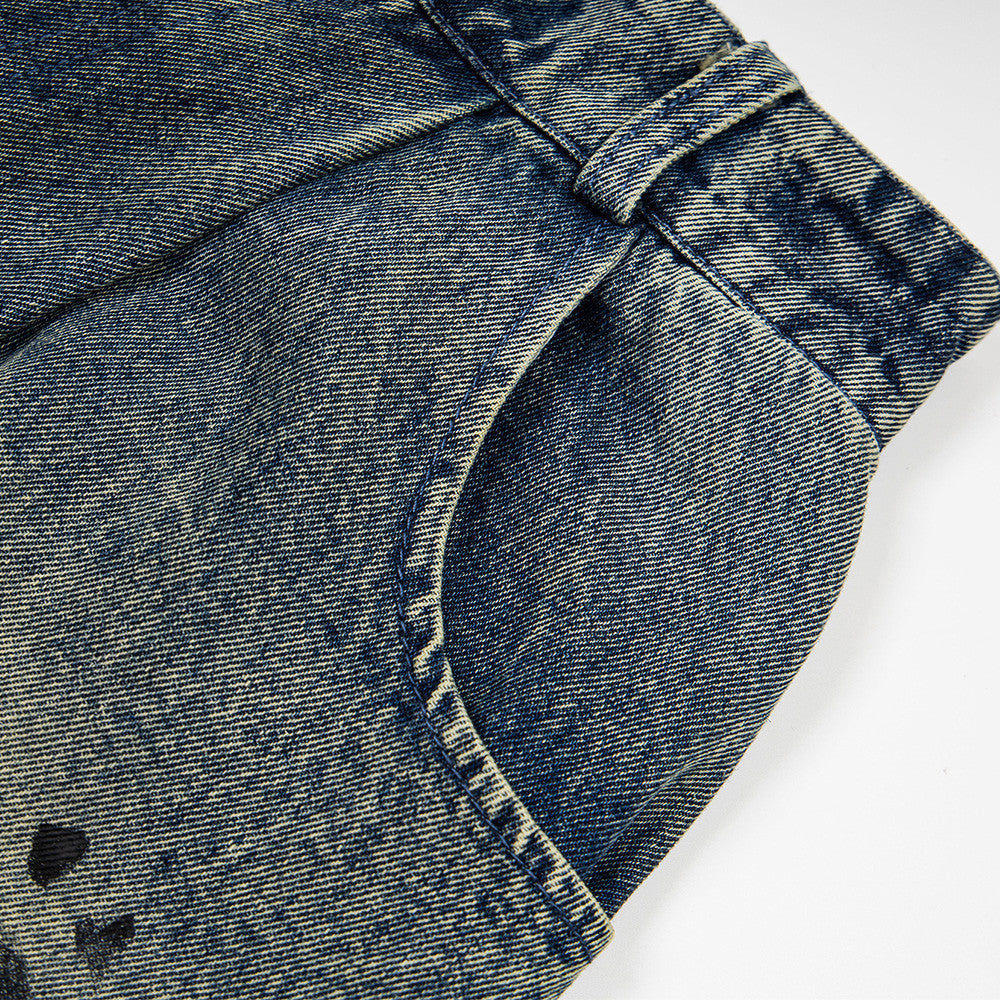 Dog graffiti cartoon straight-leg denim shorts in blue denim by eprolo