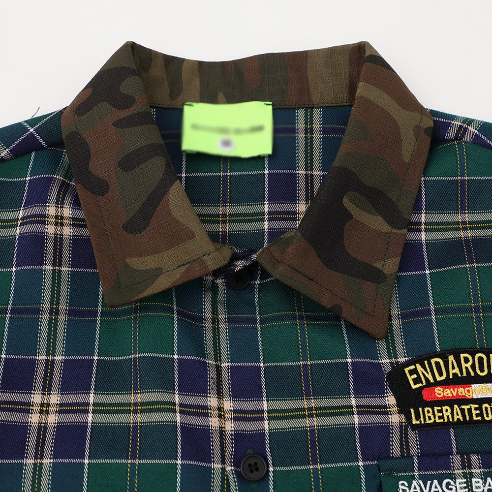 Loose plaid short-sleeve shirt by eprolo, green and blue plaid with camo collar