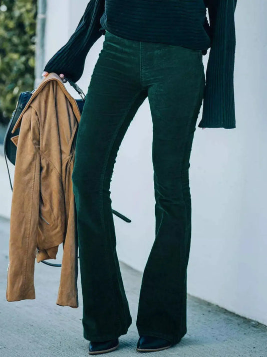 Full Size Corduroy Flare Pants Plus Size, dark green, shown with tan jacket.