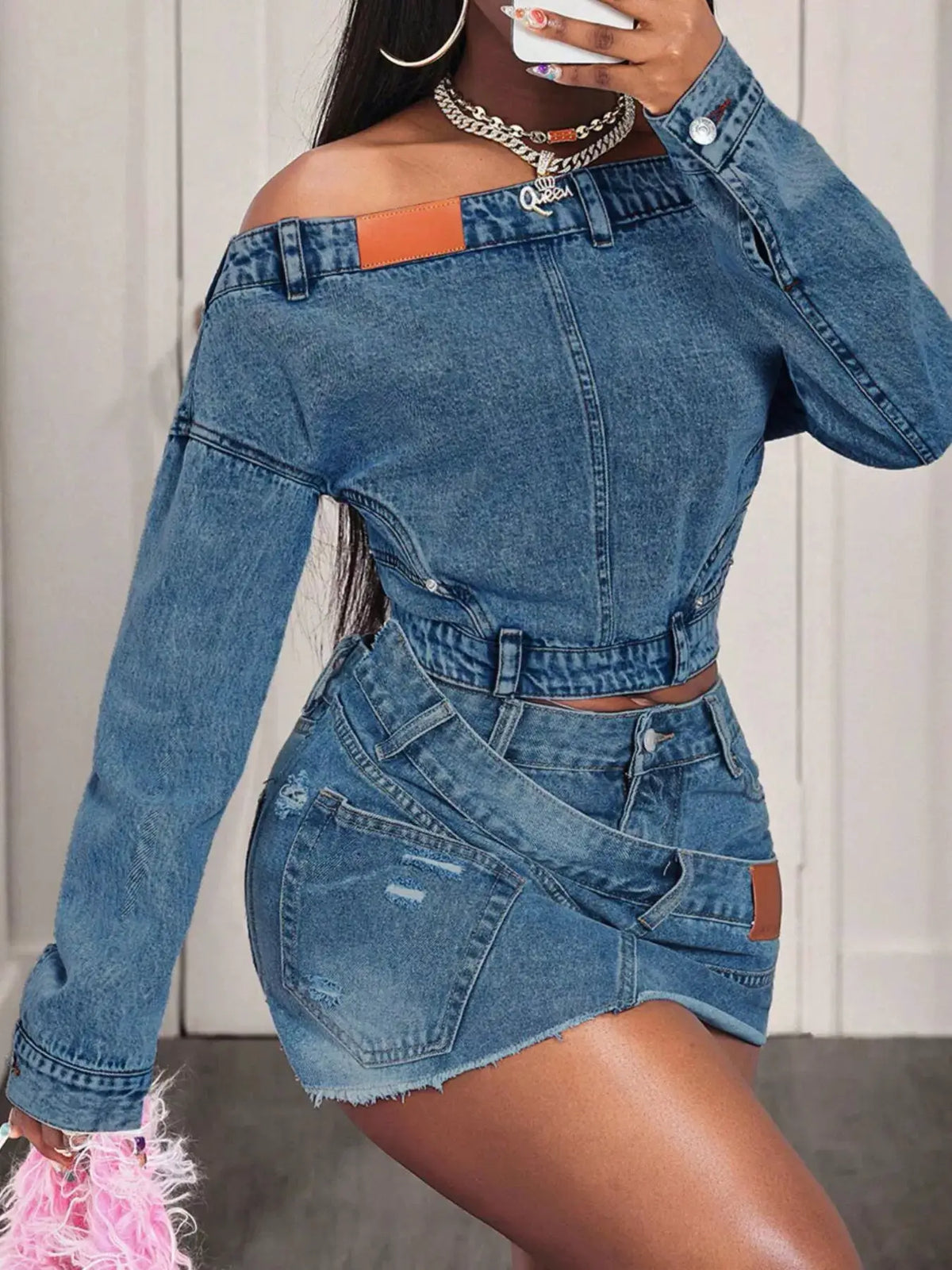 Women off-shoulder cropped denim top with long sleeves and front buttons in blue stretch denim