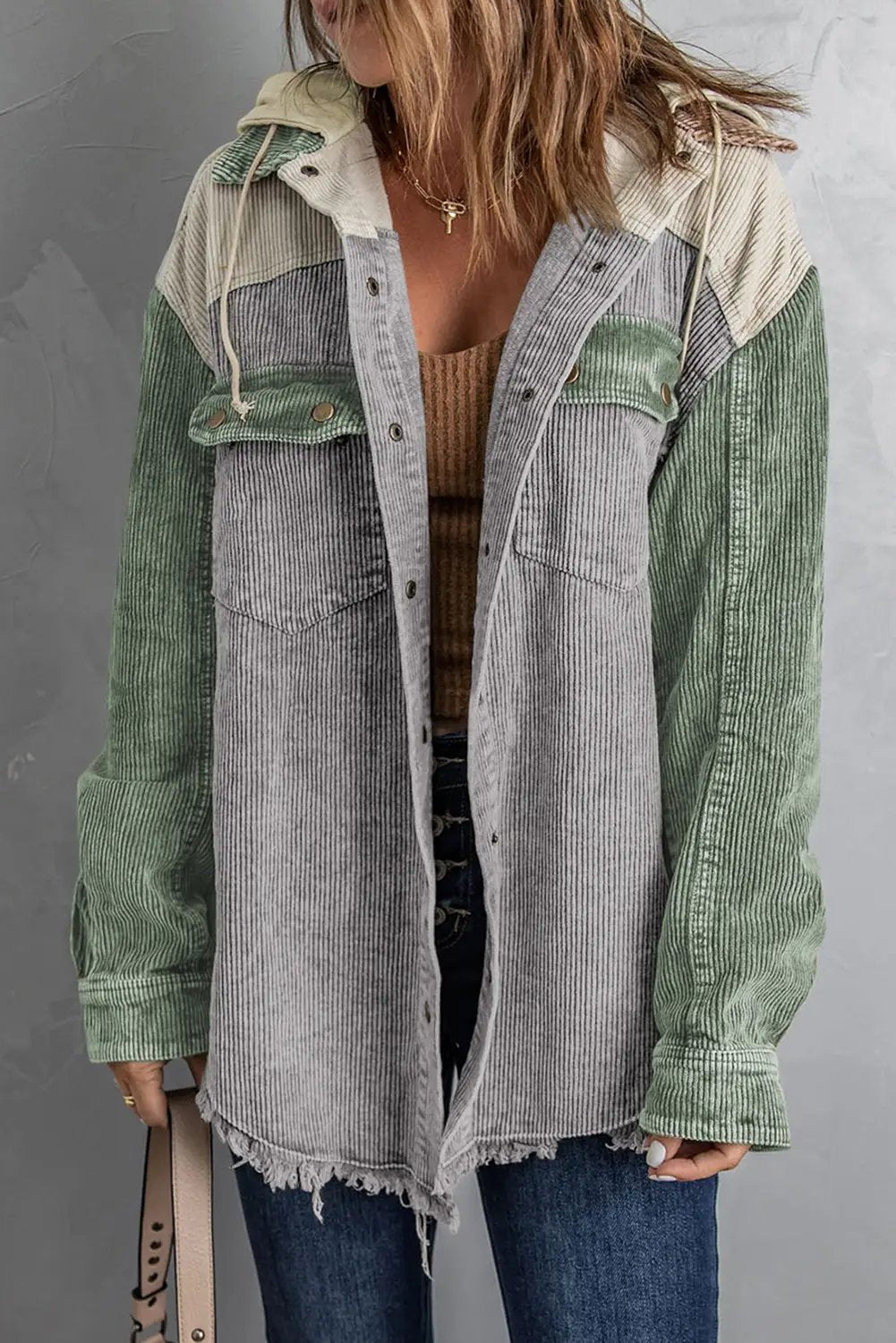 Trendsi snap-front hooded corduroy shacket in green/gray/cream patchwork with frayed hem