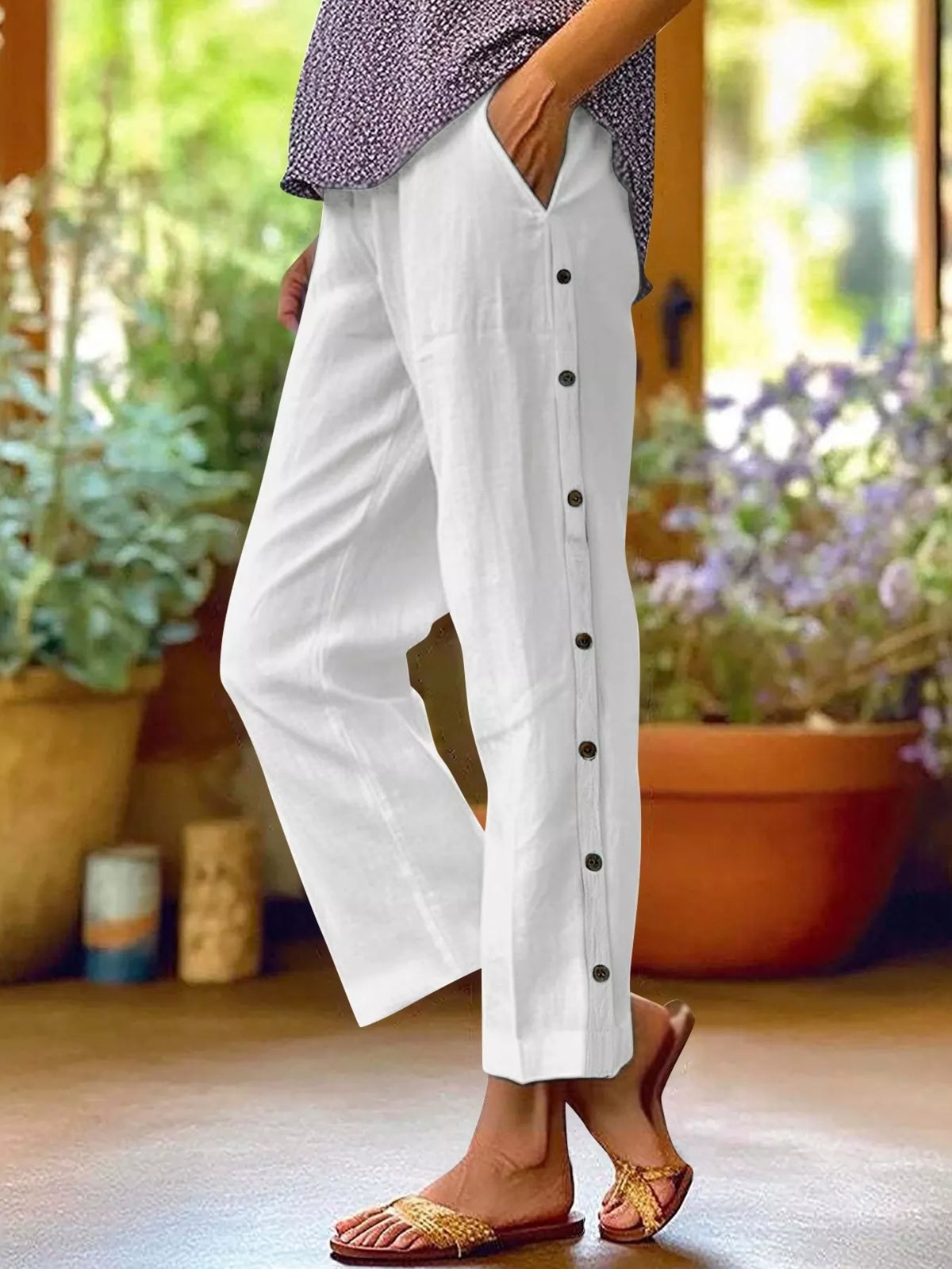 Pants plus-size white with side-button decor and pockets