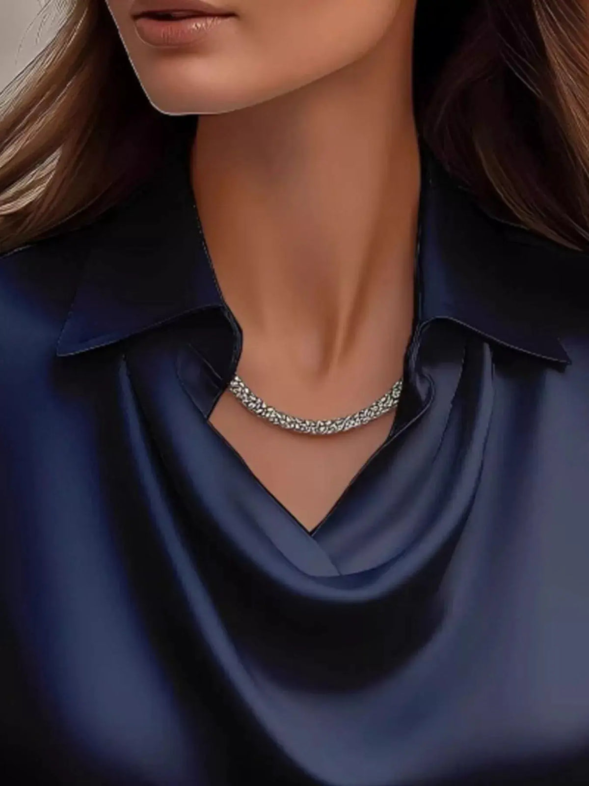 Plus-size navy satin cowl-neck long-sleeve blouse with draped neckline