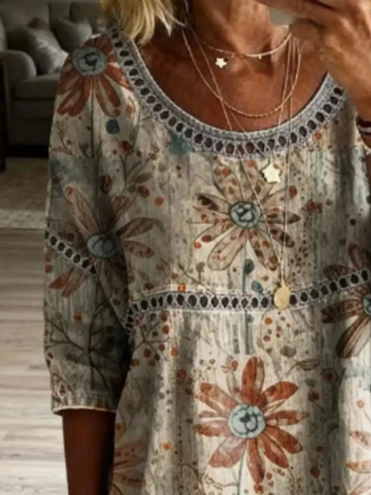 Full Size Hollow-Out Round-Neck Top plus size in cream floral print with crochet neckline