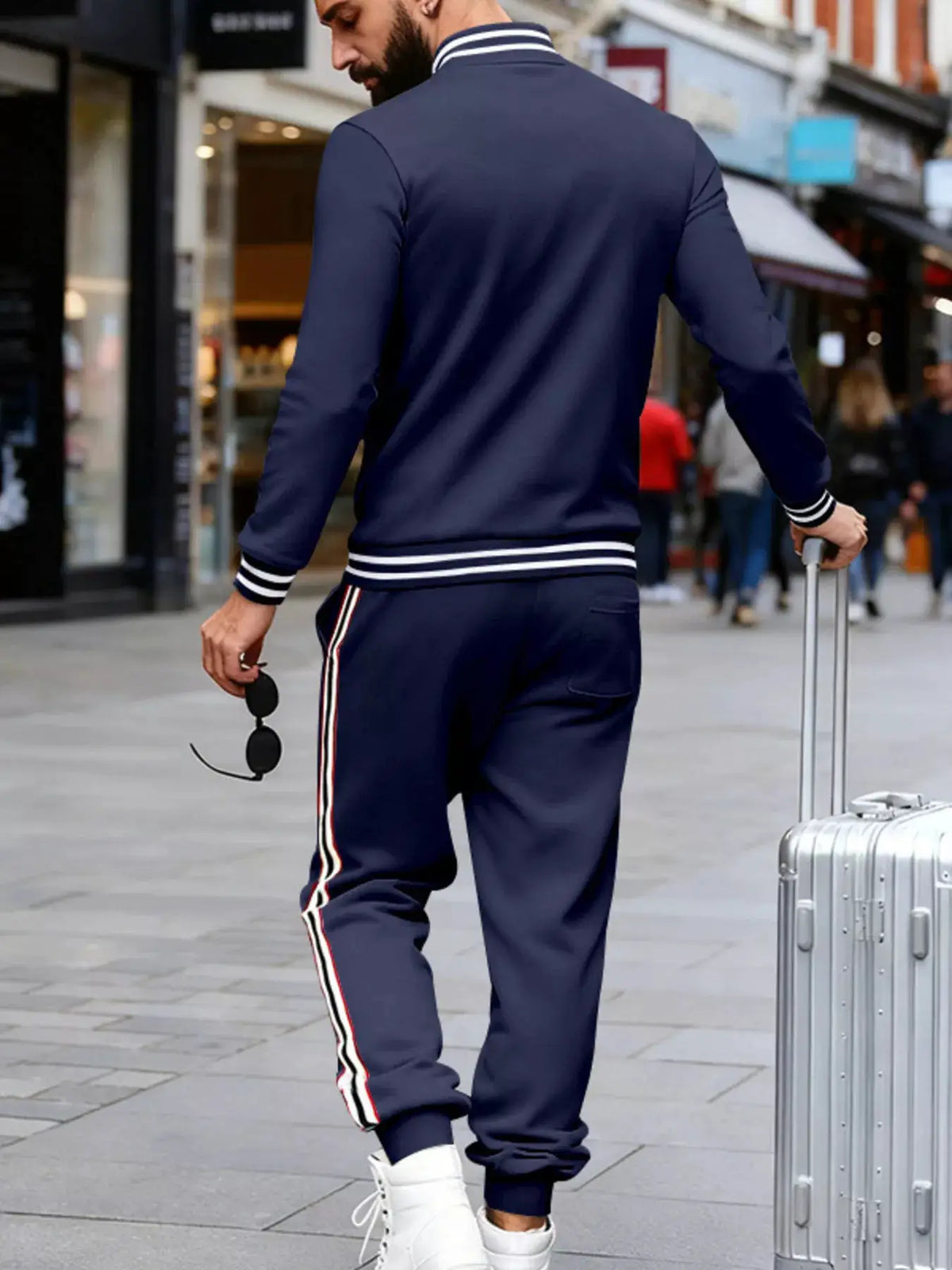Mens navy striped snap-front loungewear set with white and red side stripes