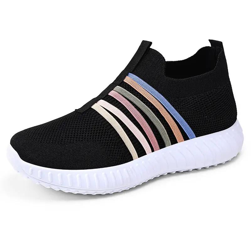 AdTec Women's casual shoes, breathable black mesh with multicolor striped accents and white sole