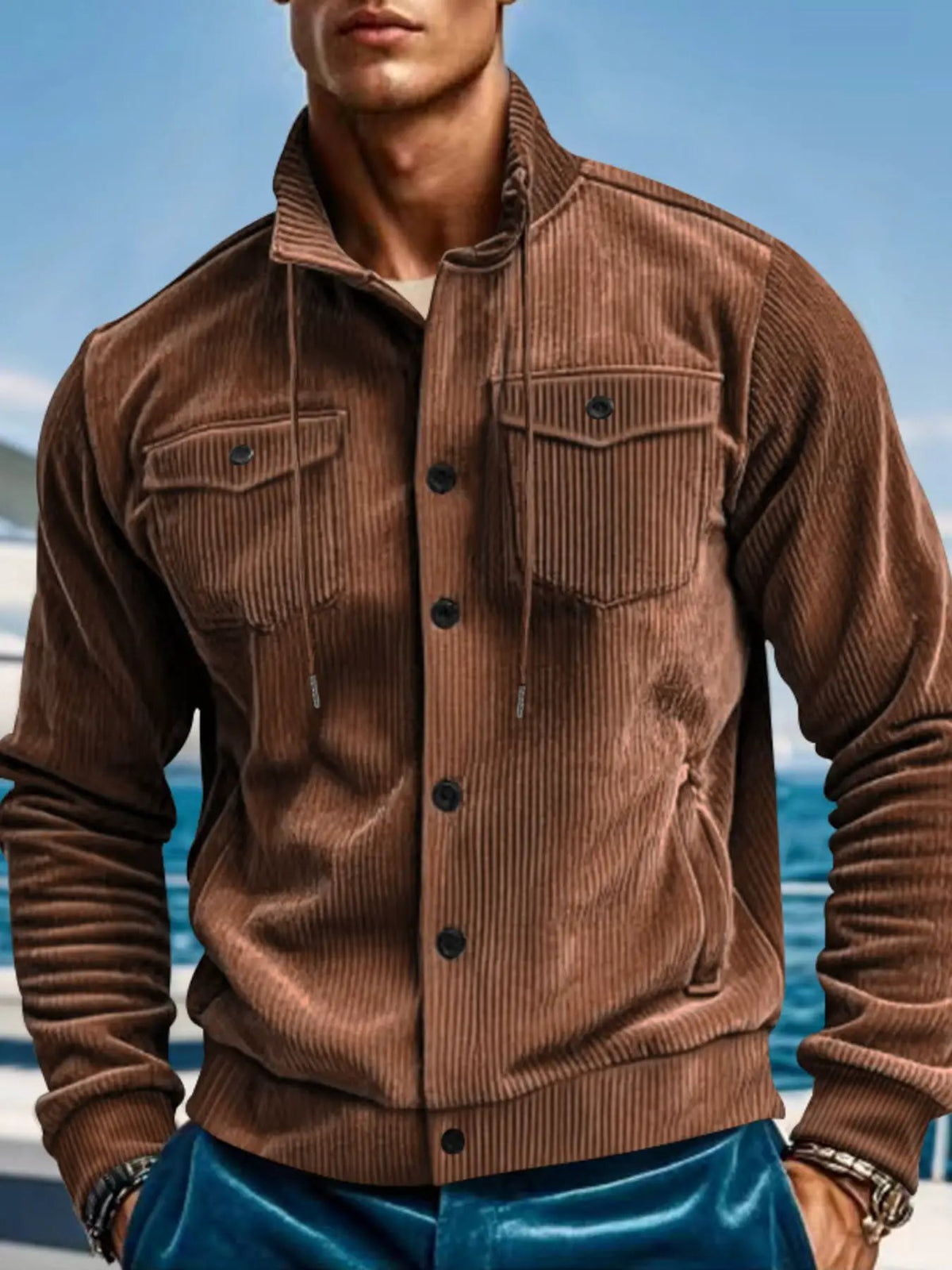 Men's plus-size corduroy button-up casual jacket with two chest pockets, brown