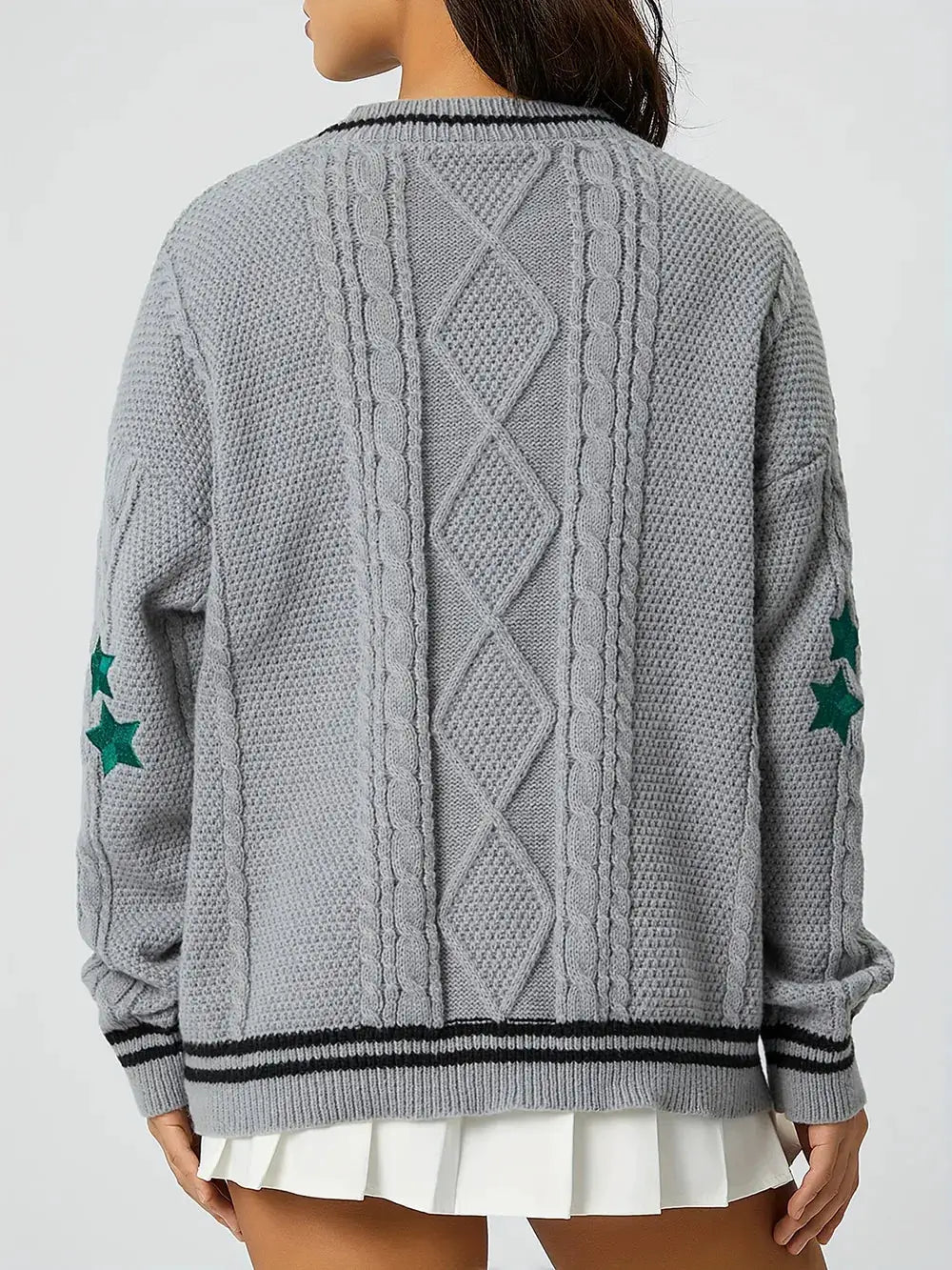 Womens Star Embroidered V-Neck Long Sleeve Knit Cardigan in grey; cable knit back with green star patches on sleeves