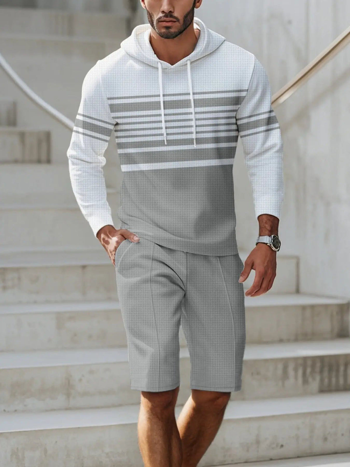Men's striped hoodie and shorts loungewear set in grey and white knit fabric