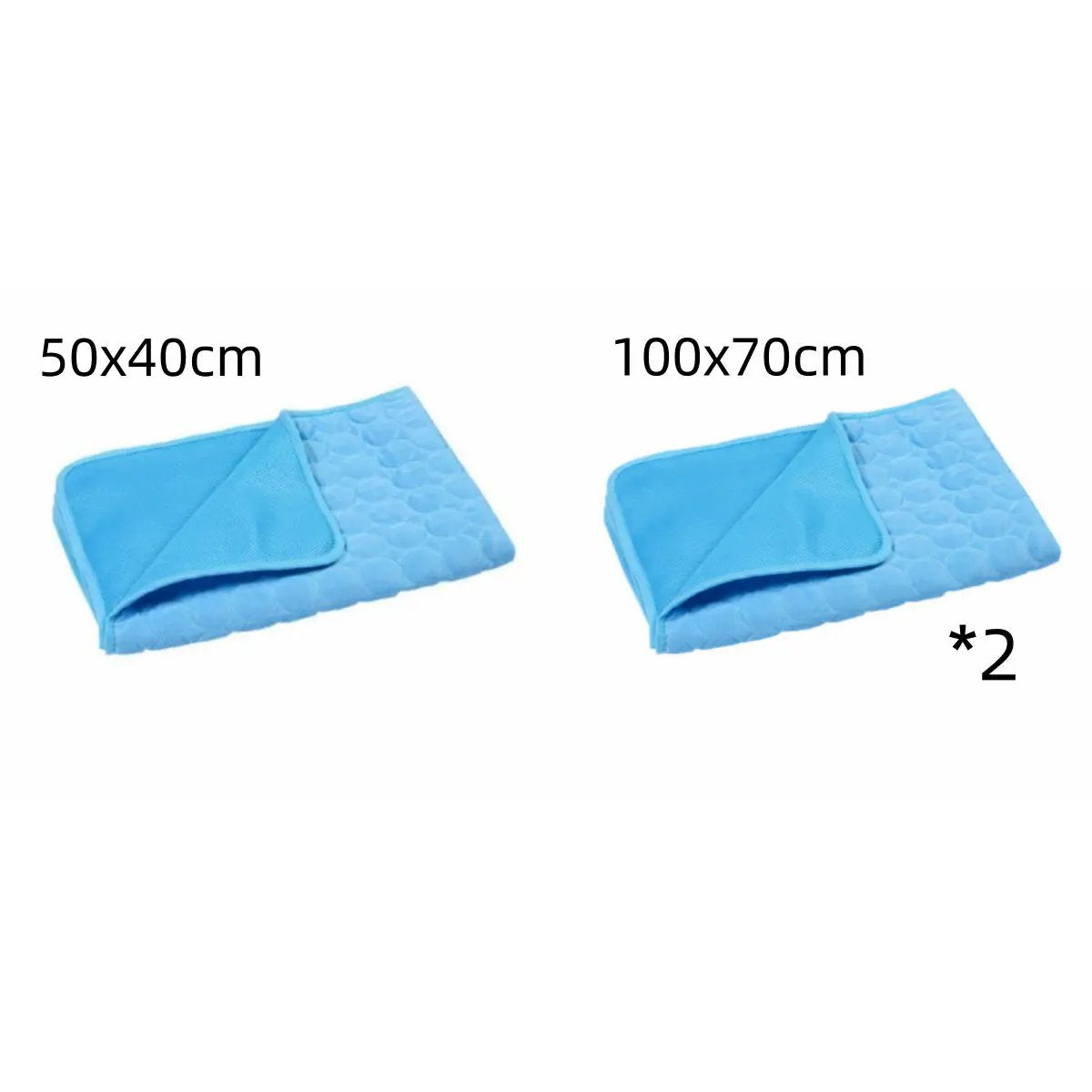Summer Cooling Pet Sleeping Ice Silk Mat by AdTec in blue, two mats shown: 50x40cm and 100x70cm.