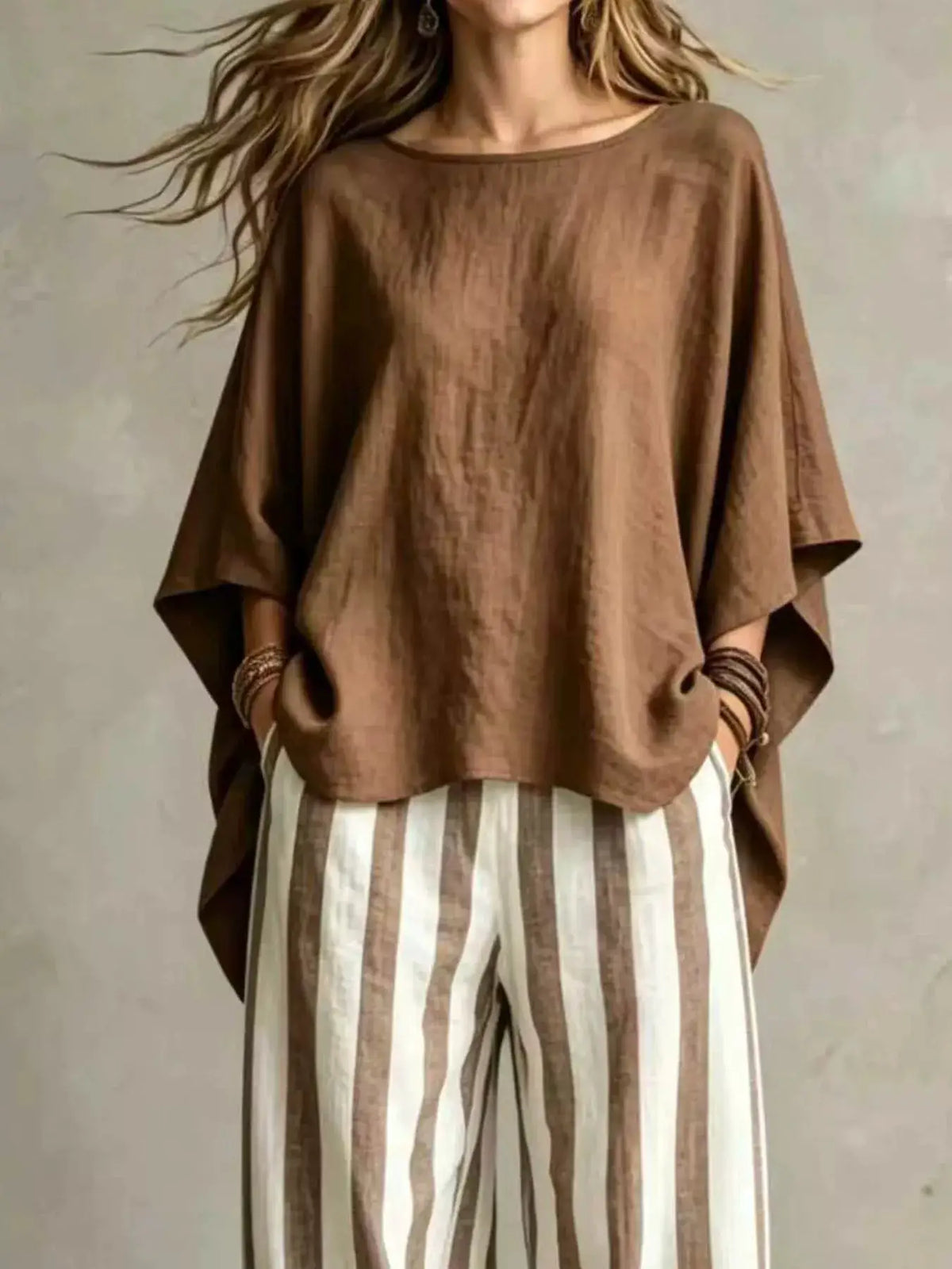 Full Size Solid Color Top and Pants Set Plus Size by Trendsi; brown oversized top with beige striped pants