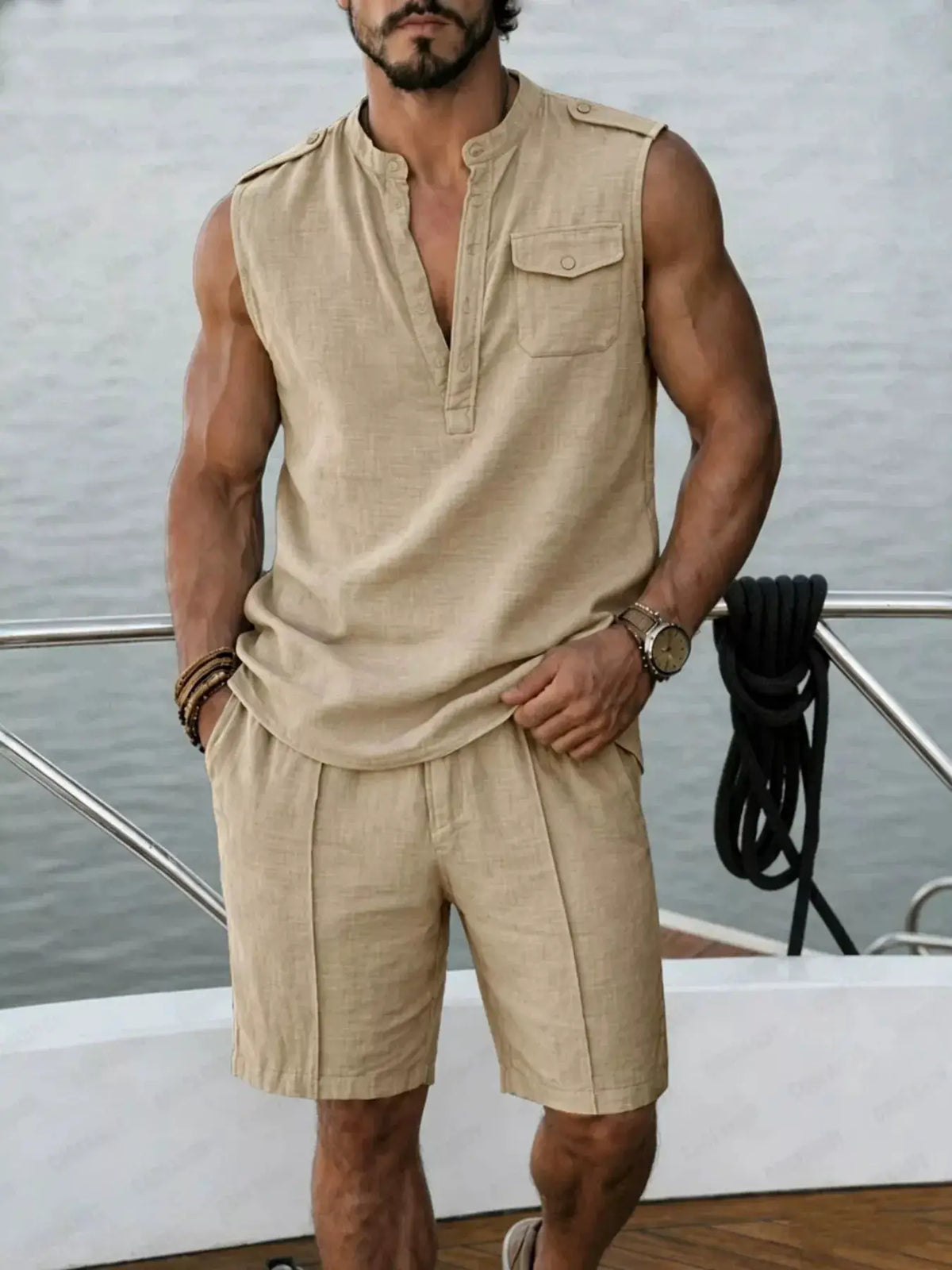 Plus Size Men Sleeveless Top and Shorts Two-Piece Set in beige linen-look fabric by Trendsi