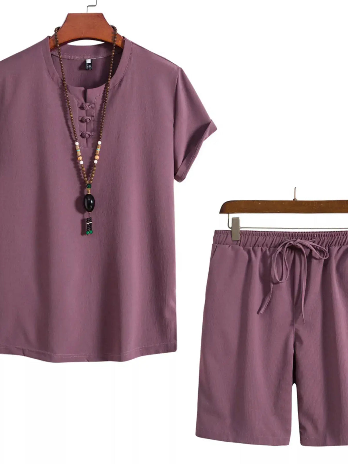 Men's plus-size mandarin-collar short-sleeve shirt and shorts set in mauve.