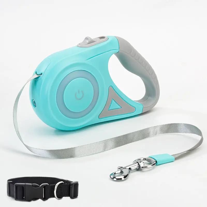 AdTec teal retractable dog leash with gray handle; 2-piece set includes black collar