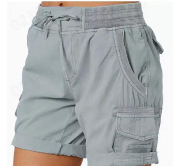 Lightweight women's cargo shorts with drawstring waist and deep pockets in light gray