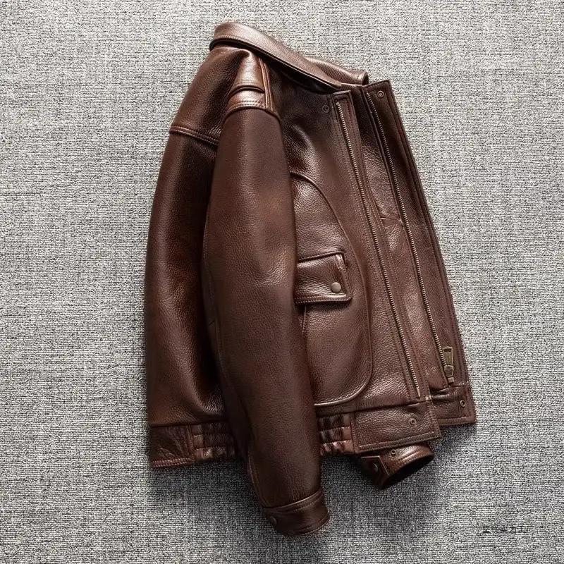 Leather jacket in brown with zip front and front flap pocket