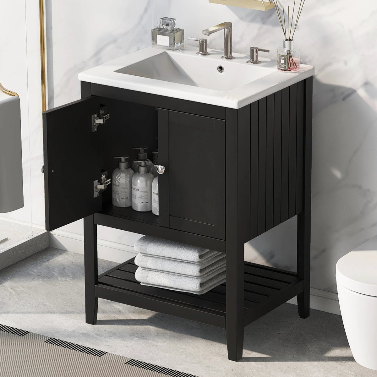 24" Black Modern Sleek Bathroom Vanity Elegant Ceramic Sink with Solid Wood Frame Open Style Shelf by eprolo