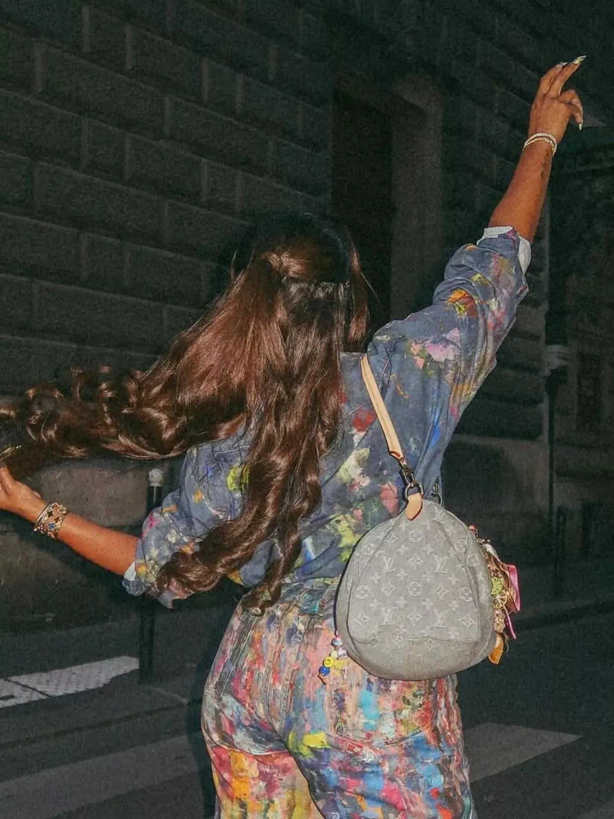 Women's Hand Painted Denim Shirt Long Sleeve Artistic Brushstroke Top with multicolor print; Louis Vuitton backpack