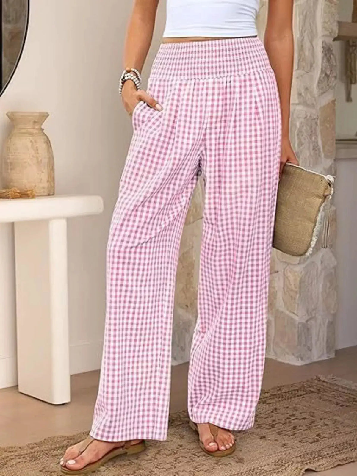 Gingham Wide-Leg Pants by Trendsi, pink gingham pattern with pockets
