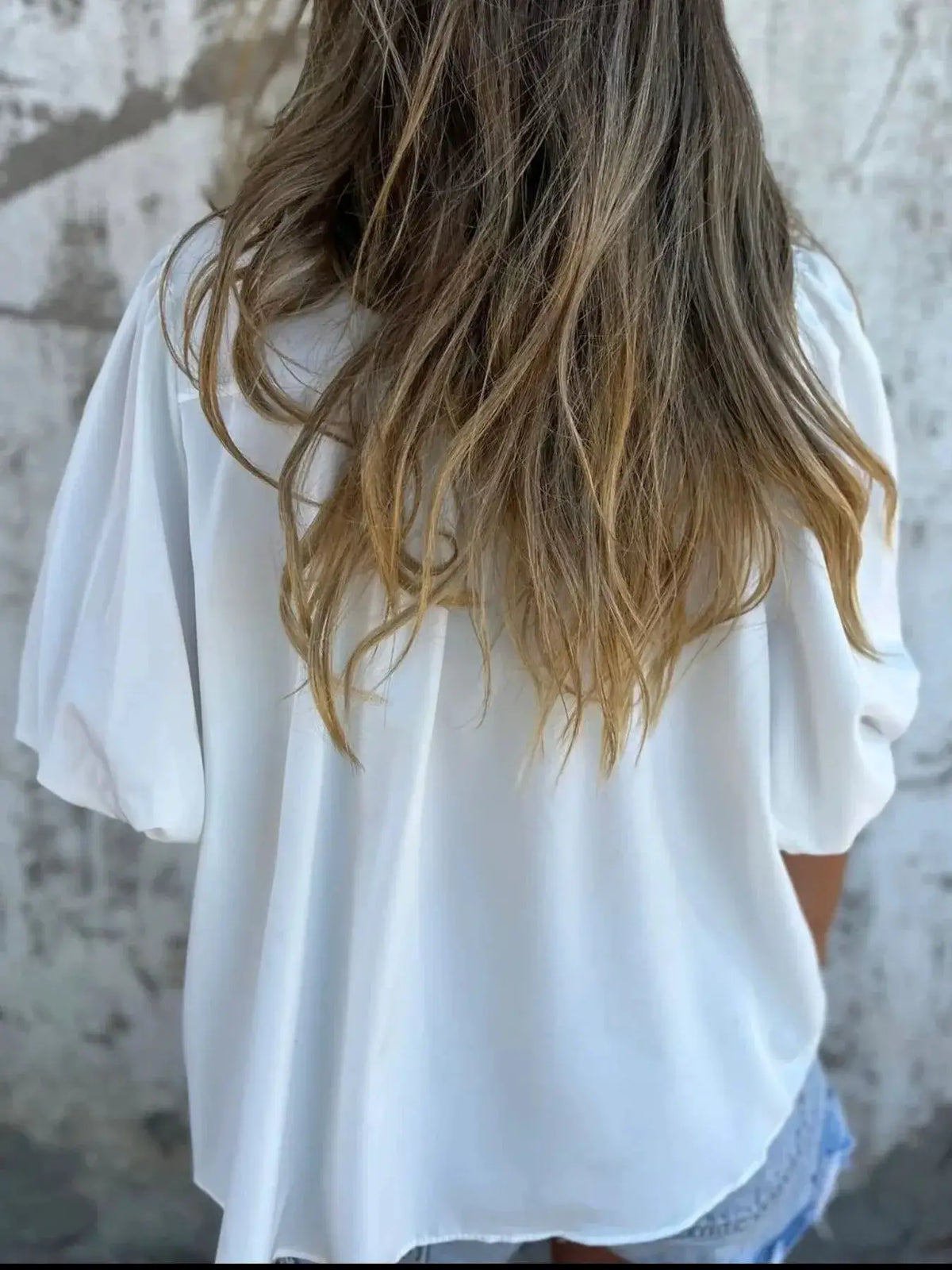 Full size white smocked puff-sleeve blouse, plus-size by Trendsi, back view