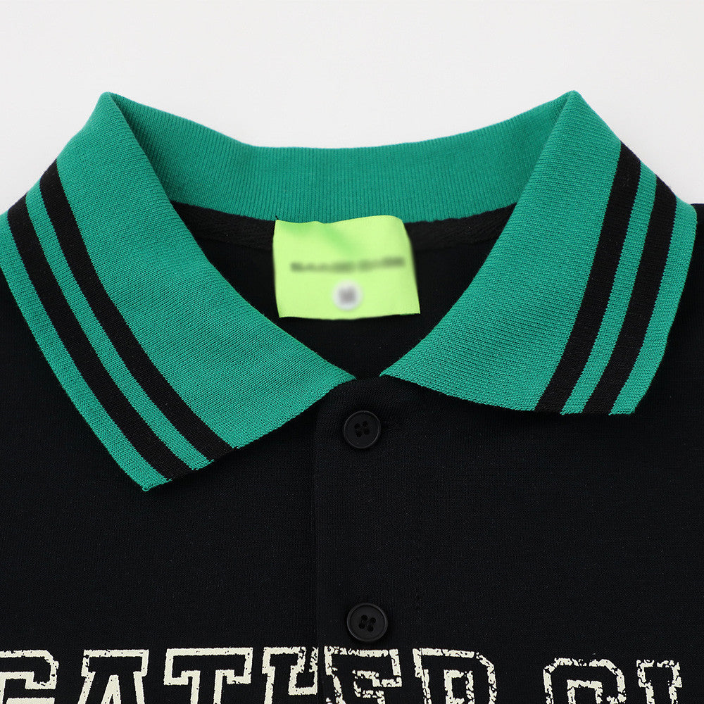Color-blocked lapel polo T-shirt by eprolo with green collar on black body